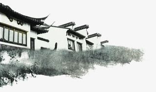 黑白山水建筑水墨画免抠