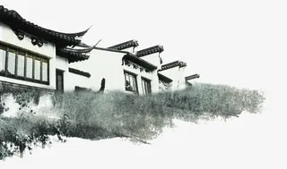 黑白山水建筑水墨画免抠