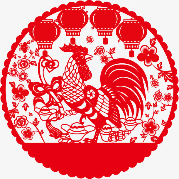 剪纸公鸡灯笼圆形矢量图免抠