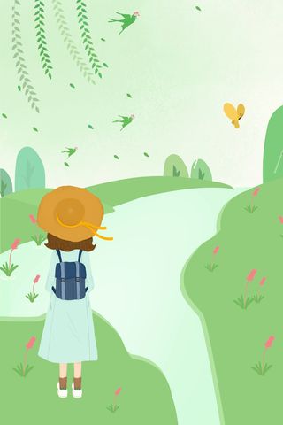 绿色手绘春季踏青海报高清