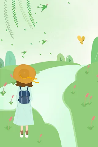 绿色手绘春季踏青海报高清