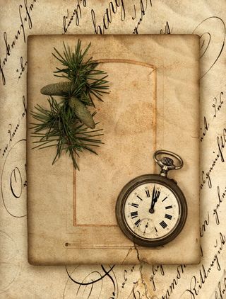 纸张上的松枝与怀表免抠