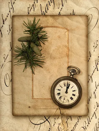 纸张上的松枝与怀表免抠