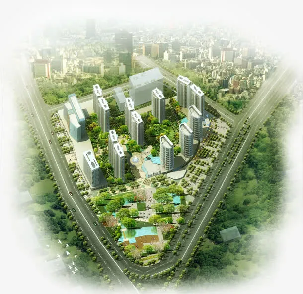 唯美的绿色现代城市免抠