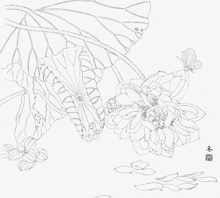 荷花工笔画线稿png免抠