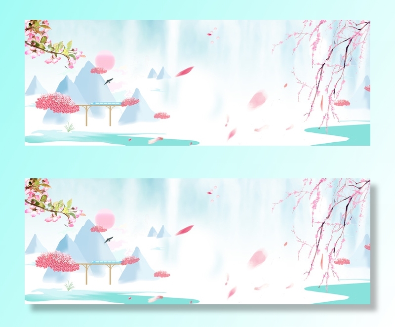 浅蓝色手绘唯美春季踏青桃花春天背景高清卡通手绘背景