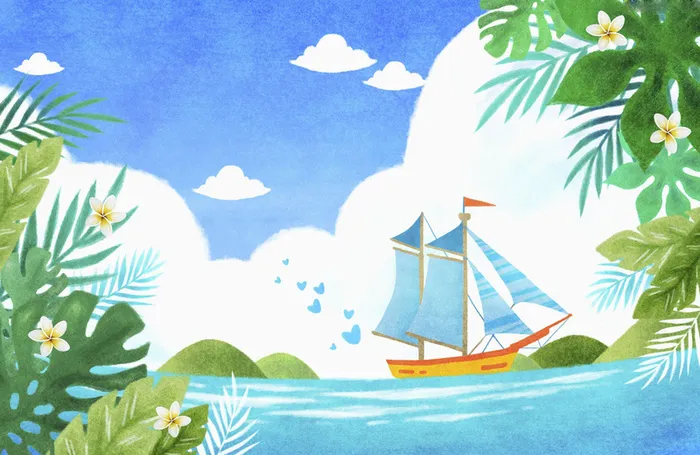 手绘夏日大海帆船平面广告高清
