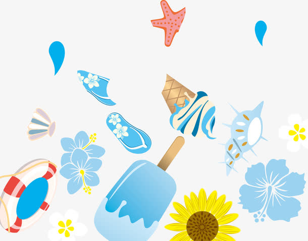 清凉夏日卡通海滩素材免抠