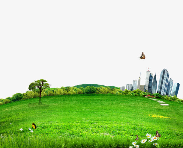 绿地草地城市楼房背景免抠