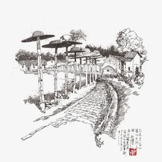 手绘客家建筑PNG免抠