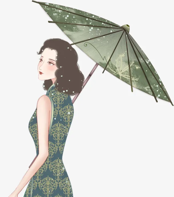 撑伞旗袍漫画效果免抠