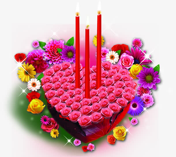 蜡烛与鲜花组成的心形图片素材免抠