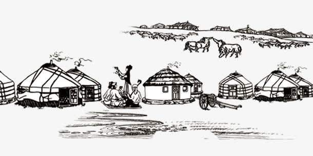 手绘蒙古牧民生活场景免抠