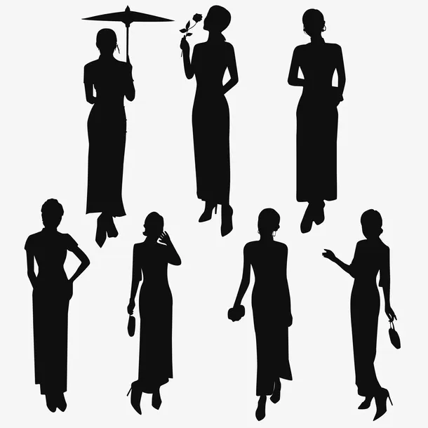 优雅女人旗袍民国风格人物免扣剪影免抠