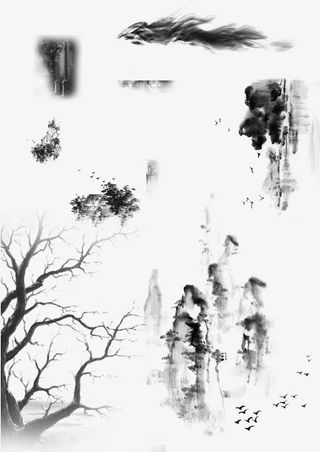 国画墨迹花朵树枝素材免抠