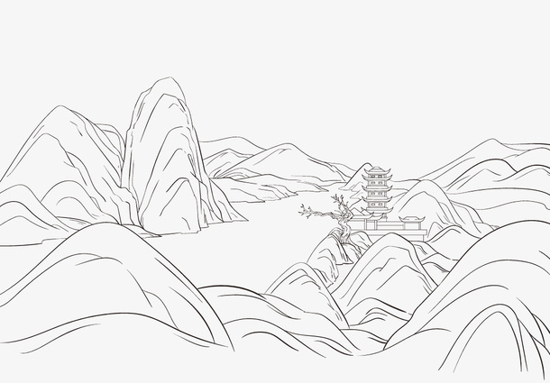 山水线稿素材文件免抠