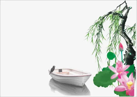 荷花小船插图素材免抠