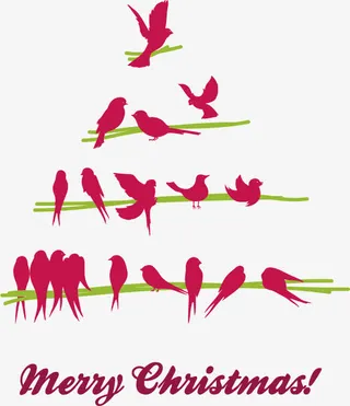 可爱红色鸟儿剪影圣诞树矢量素材免抠