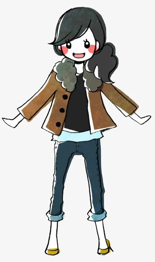 棕色夹克蓝色牛仔裤马尾辫女孩免抠