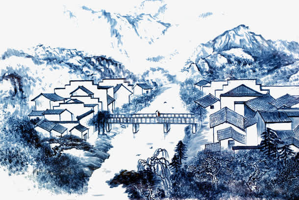 蓝色风景画免抠