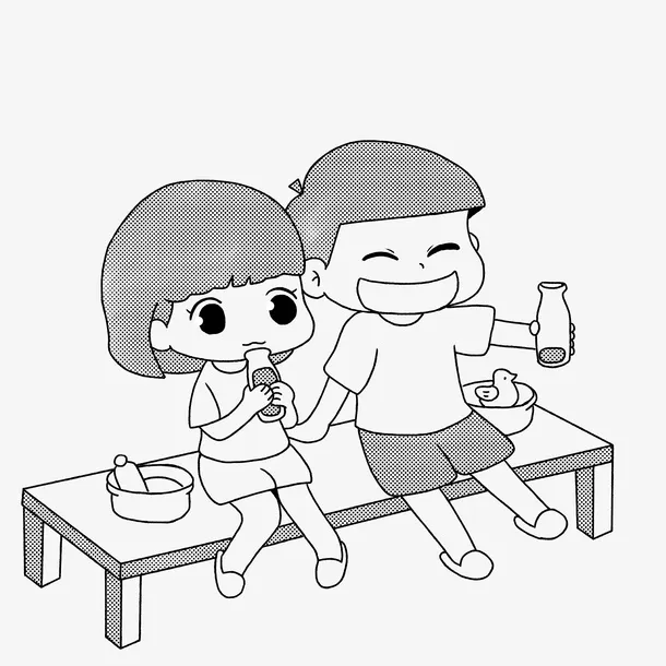 短发小女孩和一个小男孩在吃早餐免抠