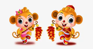 一对小猴子拿鞭炮免抠