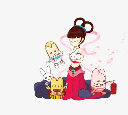 唯美卡通嫦娥兔子小人月饼灯笼免抠