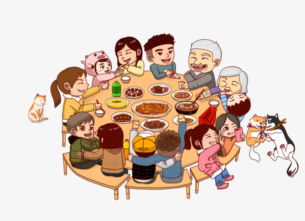 团圆饭手绘画免抠