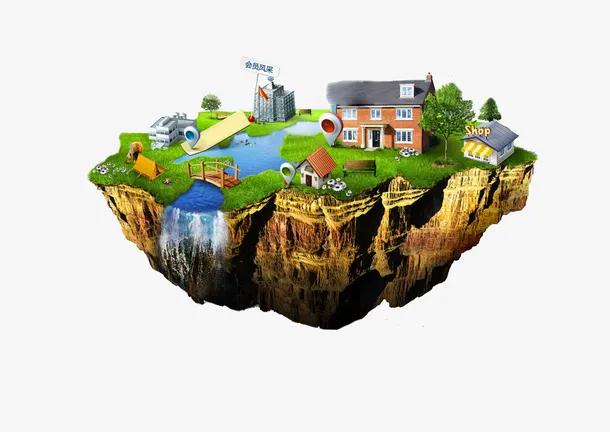 卡通悬浮瀑布岛屿图免抠