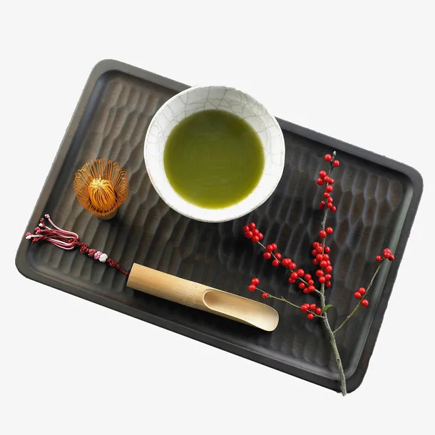 方形托盘里的日本抹茶及器具免抠