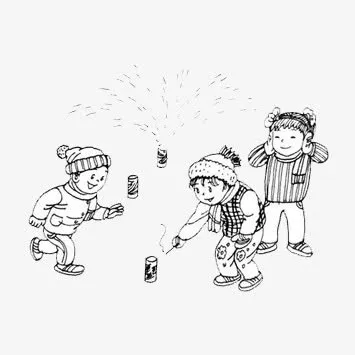 新年小孩子放鞭炮嬉戏简笔画免抠