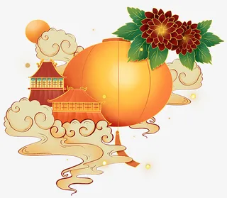 手绘 灯笼 牡丹 国潮 中国风 祥云免抠