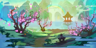 游戏素材凉亭彩虹风景如画免抠