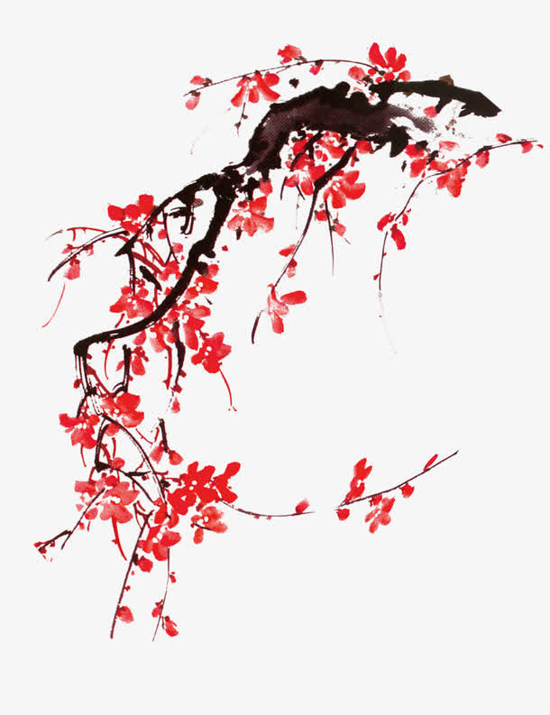 冬日水墨红色梅花免抠