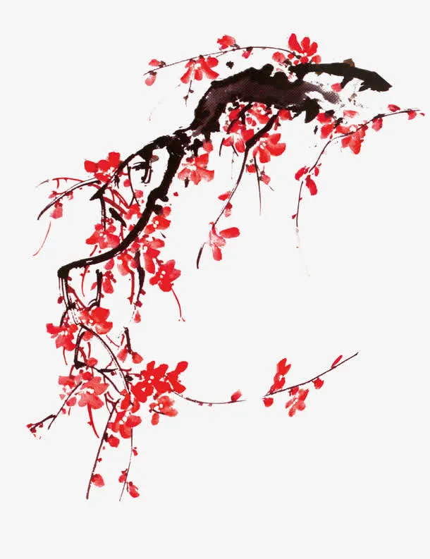 冬日水墨红色梅花免抠