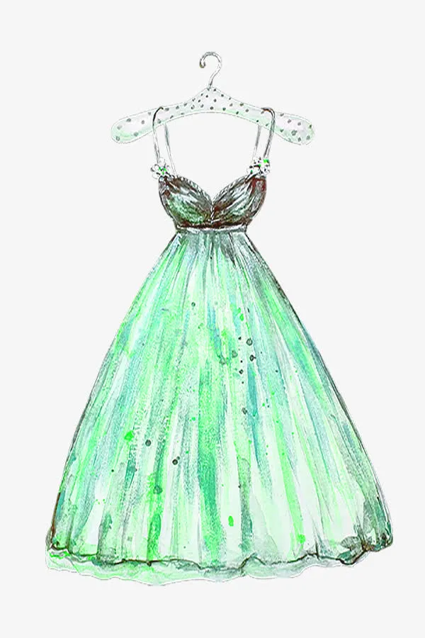 绿色手绘卡通婚纱裙免抠