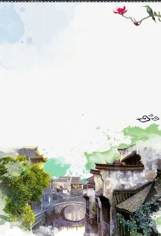 春季水墨风江南景色边框免抠