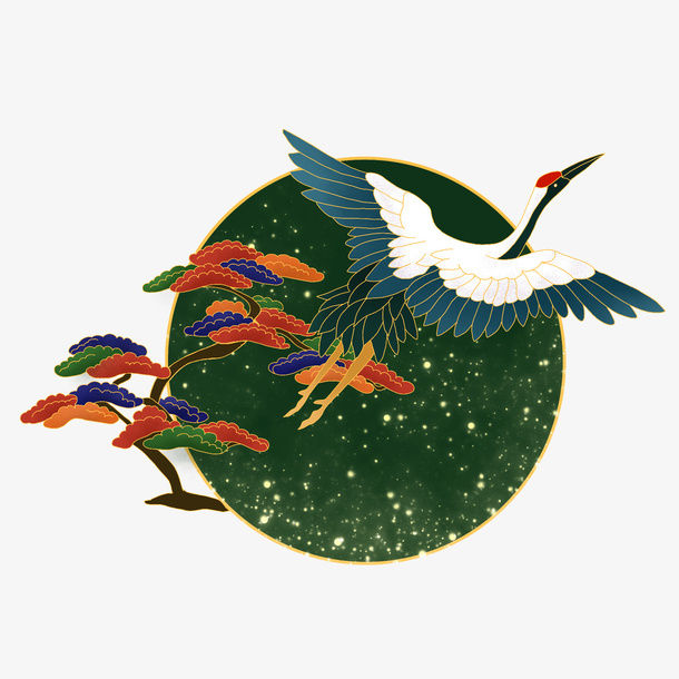 国潮仙鹤松树免抠