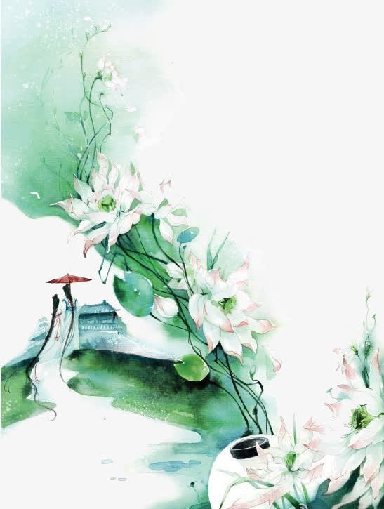 唯美古风水彩插画免抠