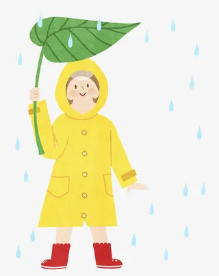 穿黄色雨衣的女孩用叶子遮雨免抠