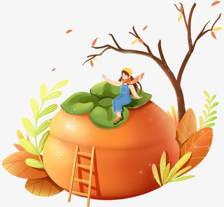 秋天节气女孩和柿子素材免抠