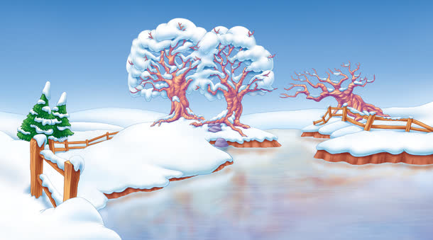 手绘冬季雪景河流免抠