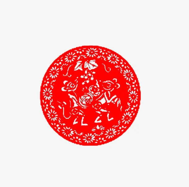 圆形镂空红色剪纸素材免抠