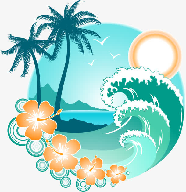 卡通海浪椰树装饰免抠