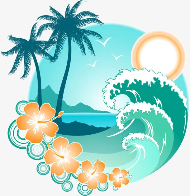 卡通海浪椰树装饰免抠