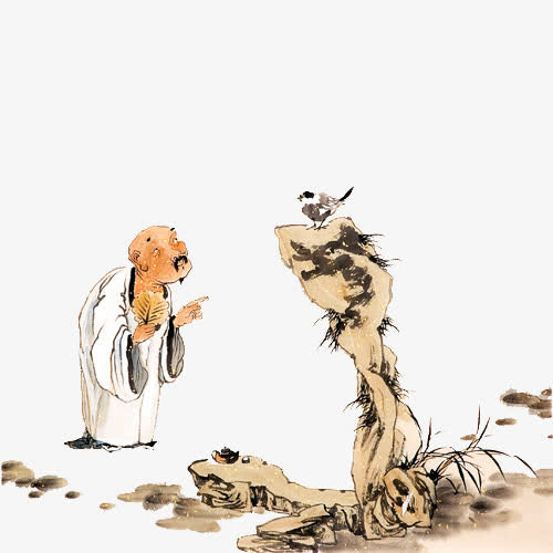 品茶观鸟国画免抠