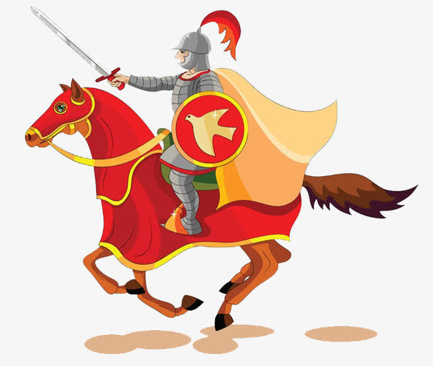 卡通人物身穿盔甲骑着战马打仗的免抠