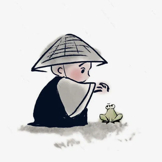 手绘水墨小和尚和青蛙免抠
