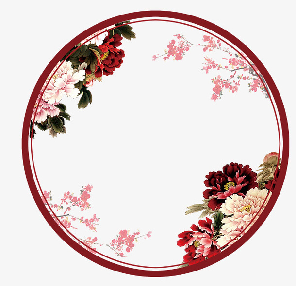 中国风古风圆形牡丹花屏风免抠