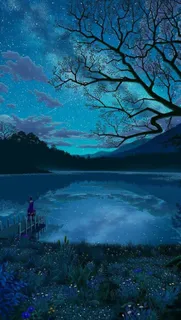 蓝色星空云朵流星树木免抠